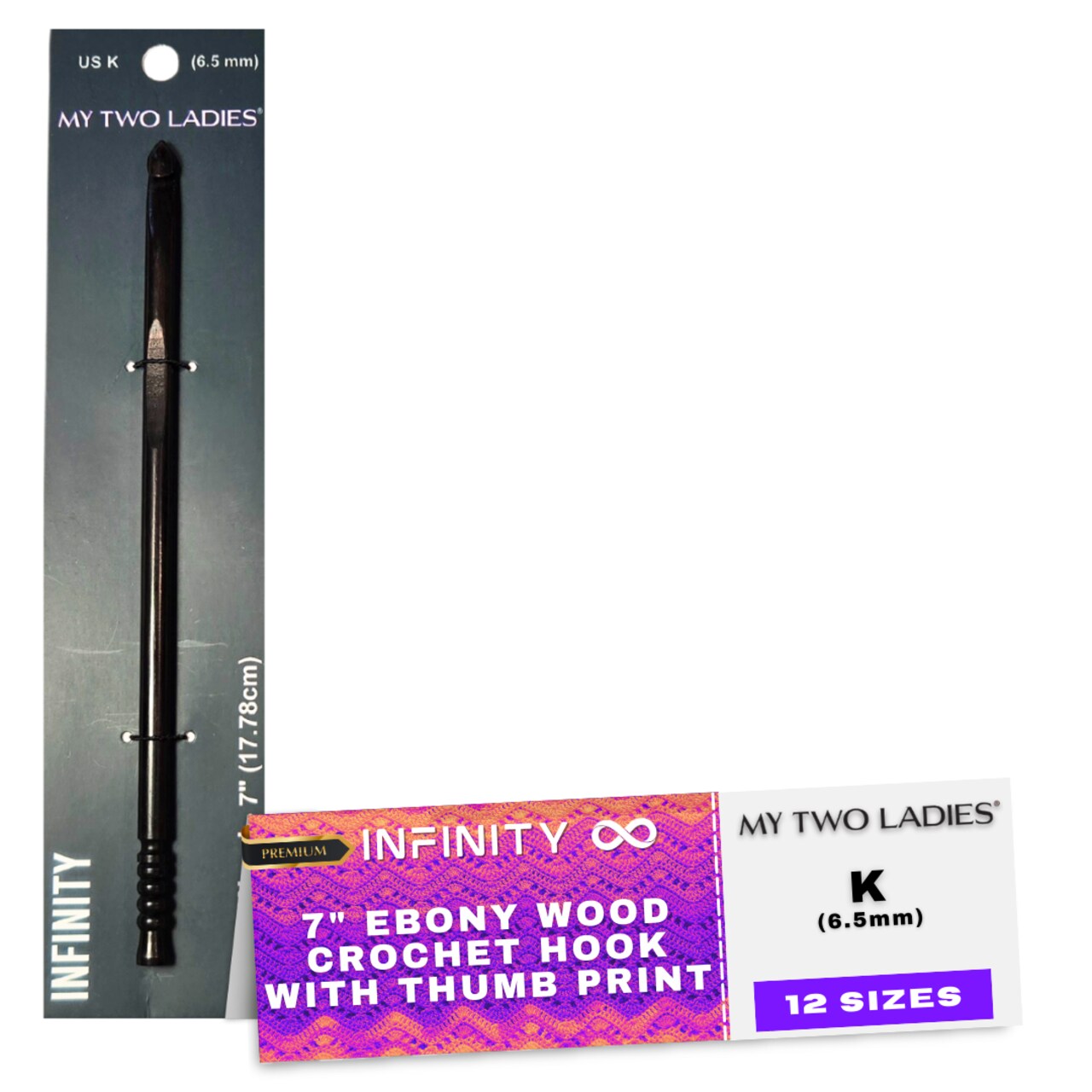 My Two Ladies | Infinity | Crochet Hook | Ebony | w/thumb print | 12 Sizes